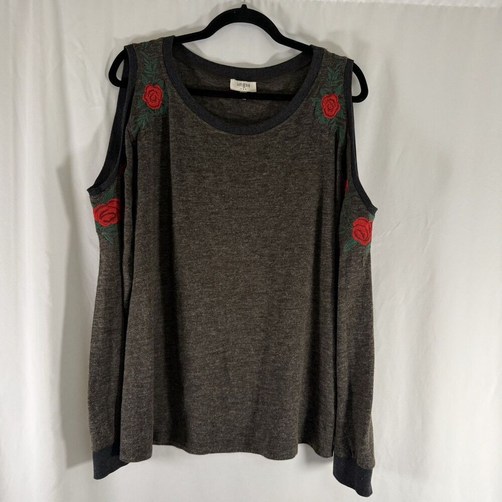 Umgee Cold Shoulder Sweater Women's Medium Grey Rose Embroidered Pullover